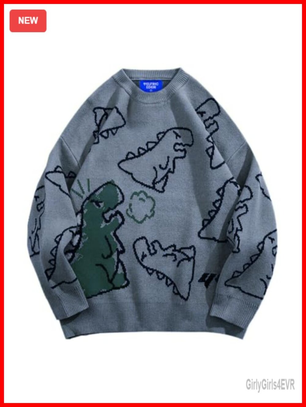 Oversized Dinosaur Knit Pullover Sweater Drop Shoulder Crew Neck